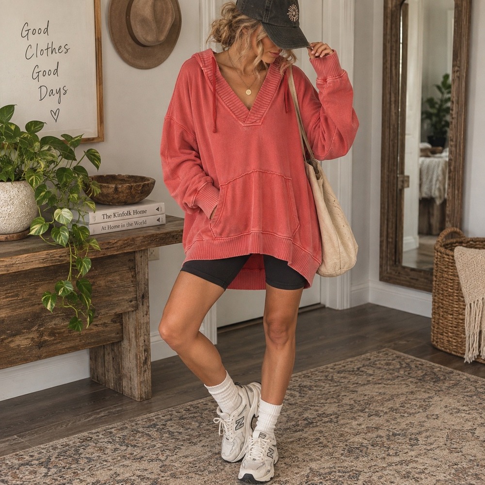 Aerie Oversized Faded Coral Pullover Hoodie M Exposed Seam High Low Fall pumpkin